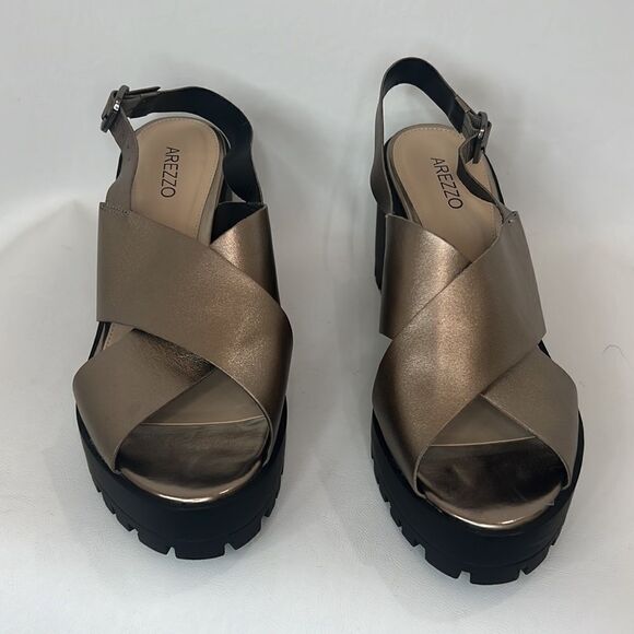 Arezzo Sandals Size 10 Metallic Gold Wedge Adjustable Elastic Strap Made Brazil - Picture 4 of 12